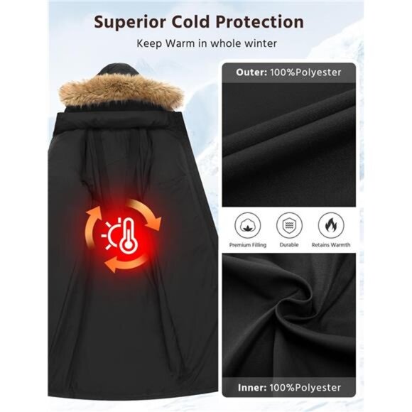 Women's Long Winter Puffer Coat Faux Fur Quilted Jacket with Detachable Hood - Picture 5 of 6